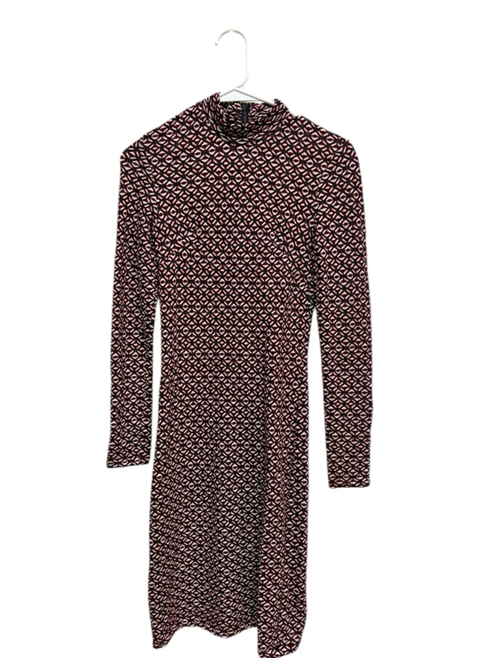 Topshop Burgundy and Cream Long Sleeve Mock Neck Geometric Dress